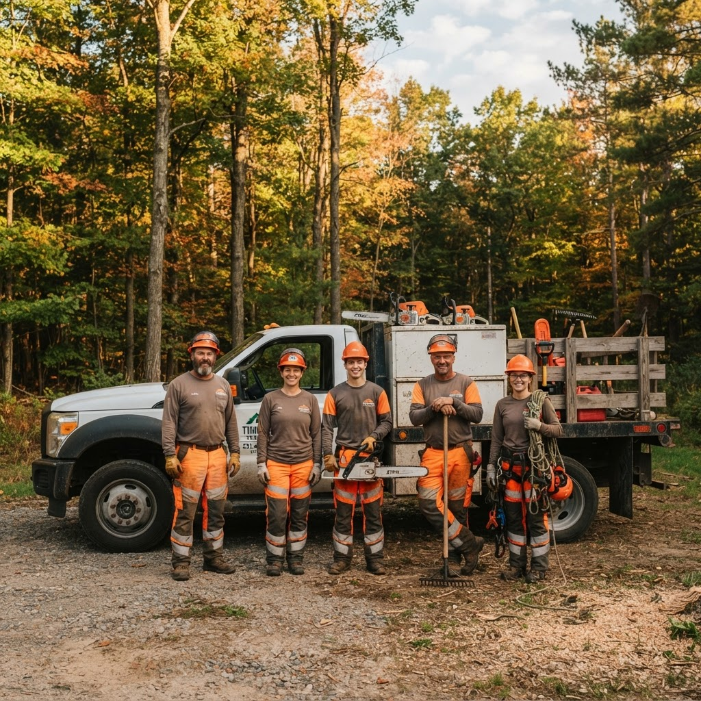 The family-owned A Cut Above tree service crew with their truck and equipment in Gaylord, Michigan