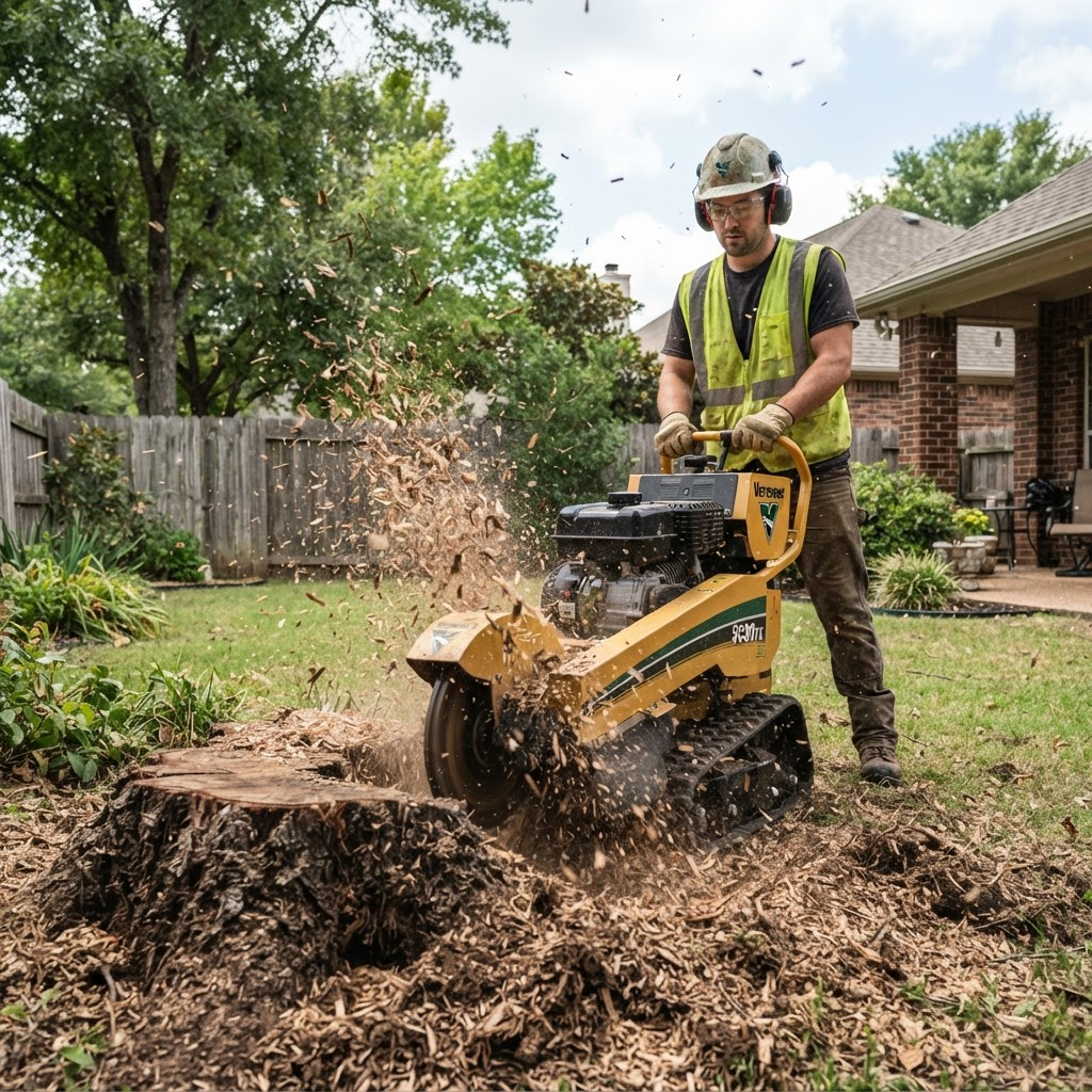 Worker operating a stump grinder removing a tree stump in a Northern Michigan backyard