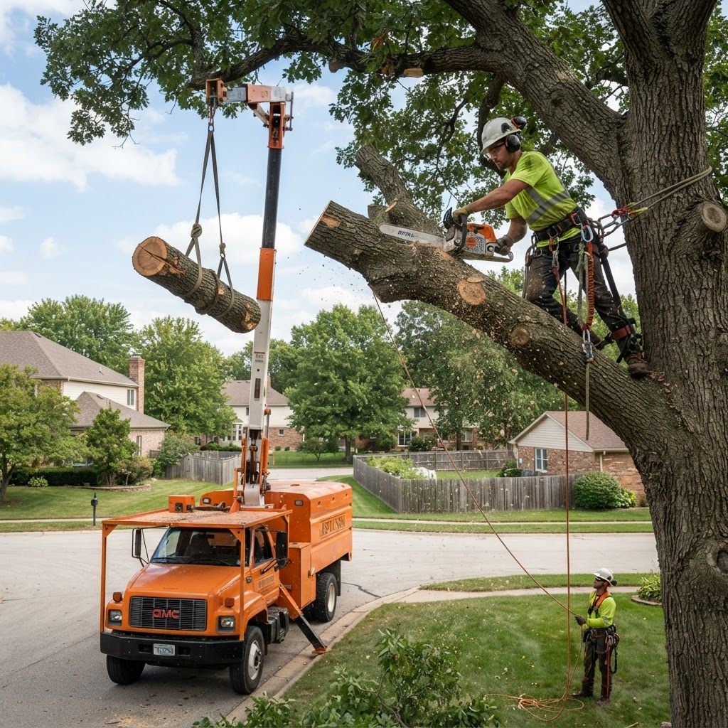 Certified arborist removing a large tree with a chainsaw and bucket truck in Gaylord, Michigan